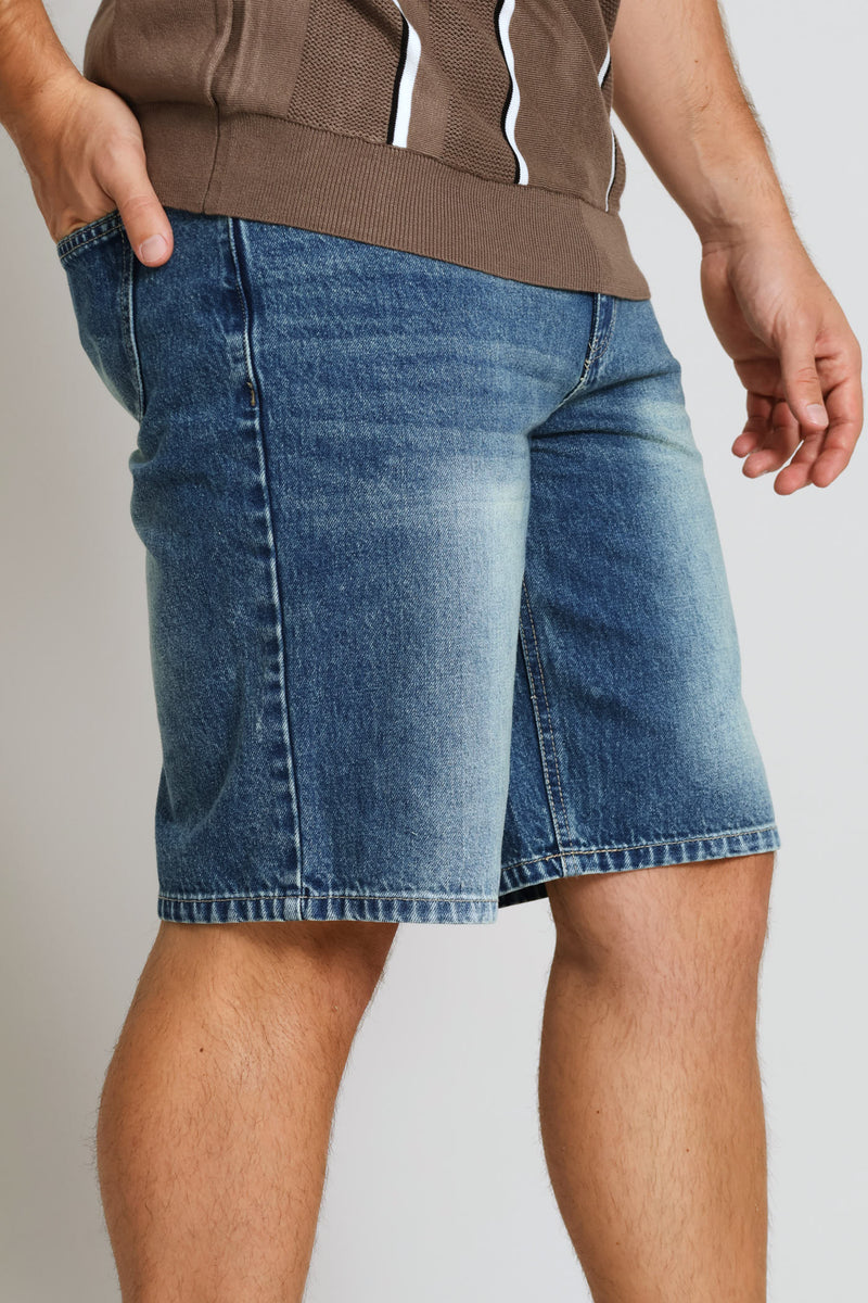 Tea Stain Rigid Denim Shorts - Mid Wash