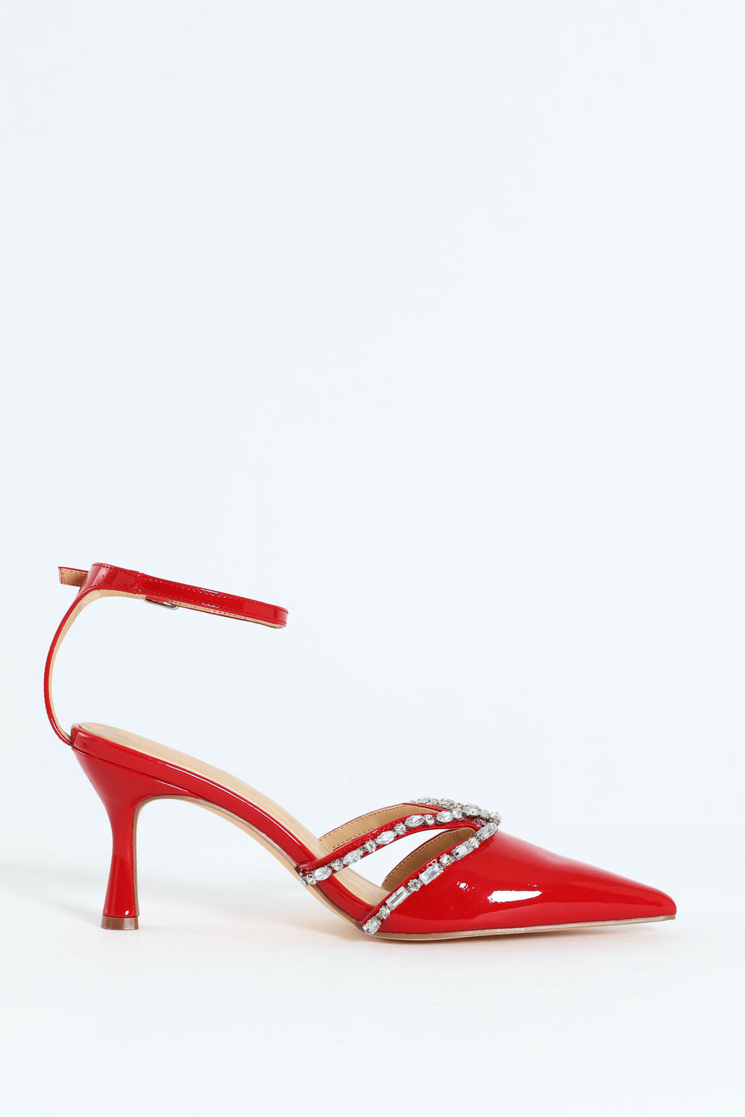 Ladies Diamante Embelllished Ankle Strap Kitten Heele Mule Red