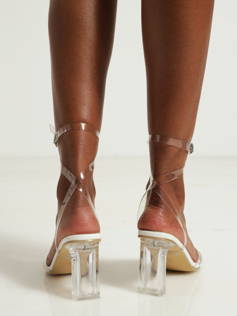 Hi Block Perspex Vinyl Heel With Ankle Strap - Clear