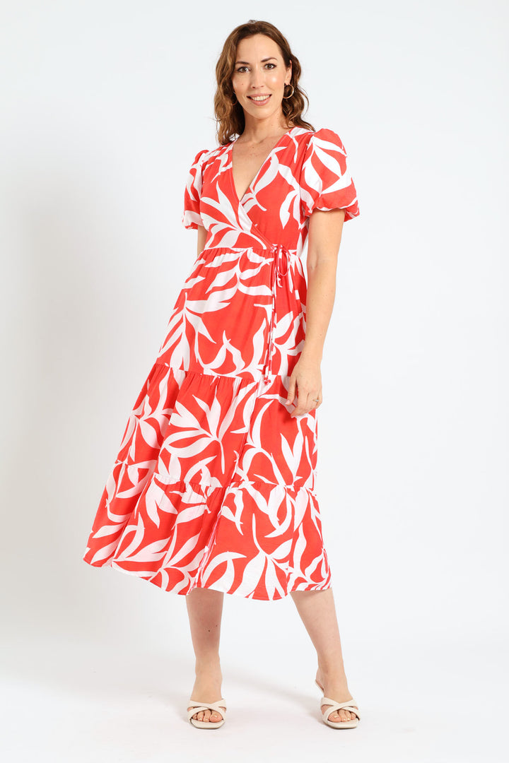 Bubble Sleeve Tiered Wrap Midi Dress - Grapefruit