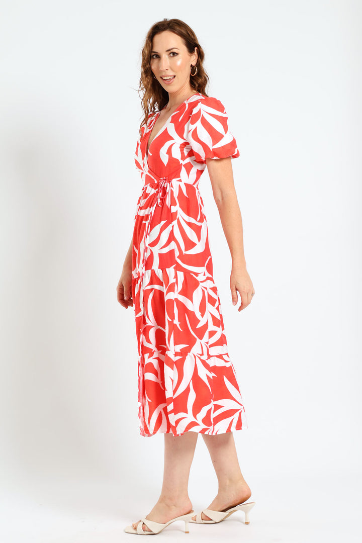 Bubble Sleeve Tiered Wrap Midi Dress - Grapefruit