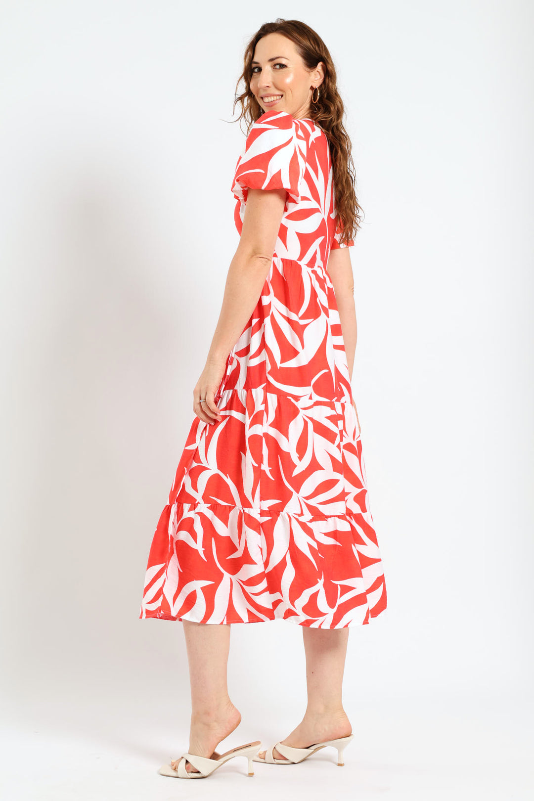 Bubble Sleeve Tiered Wrap Midi Dress - Grapefruit