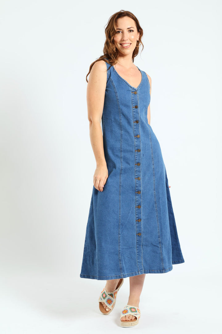 V-Neck Button Through Panelled Fit & Flare Denim Midi Dress - Medium Wash