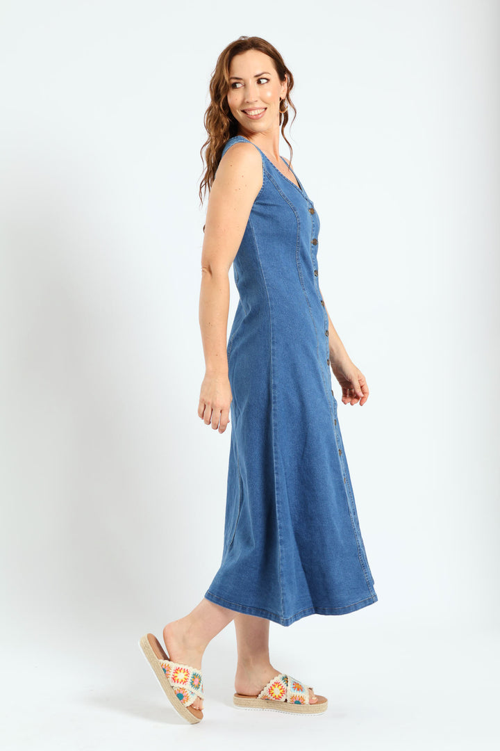 V-Neck Button Through Panelled Fit & Flare Denim Midi Dress - Medium Wash