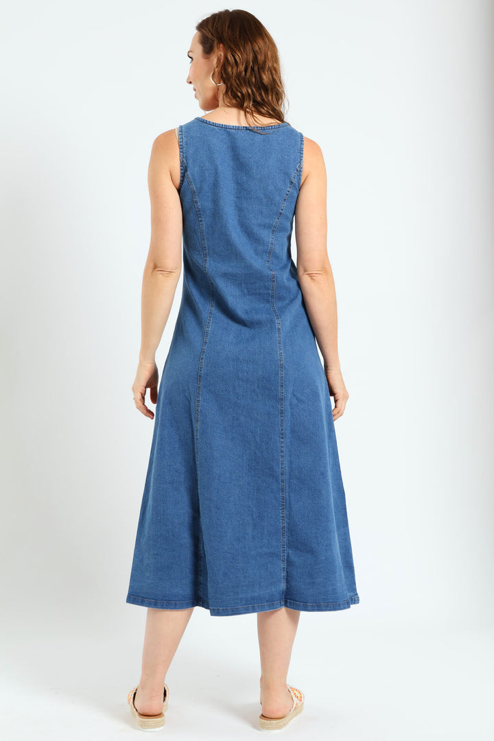 V-Neck Button Through Panelled Fit & Flare Denim Midi Dress - Medium Wash