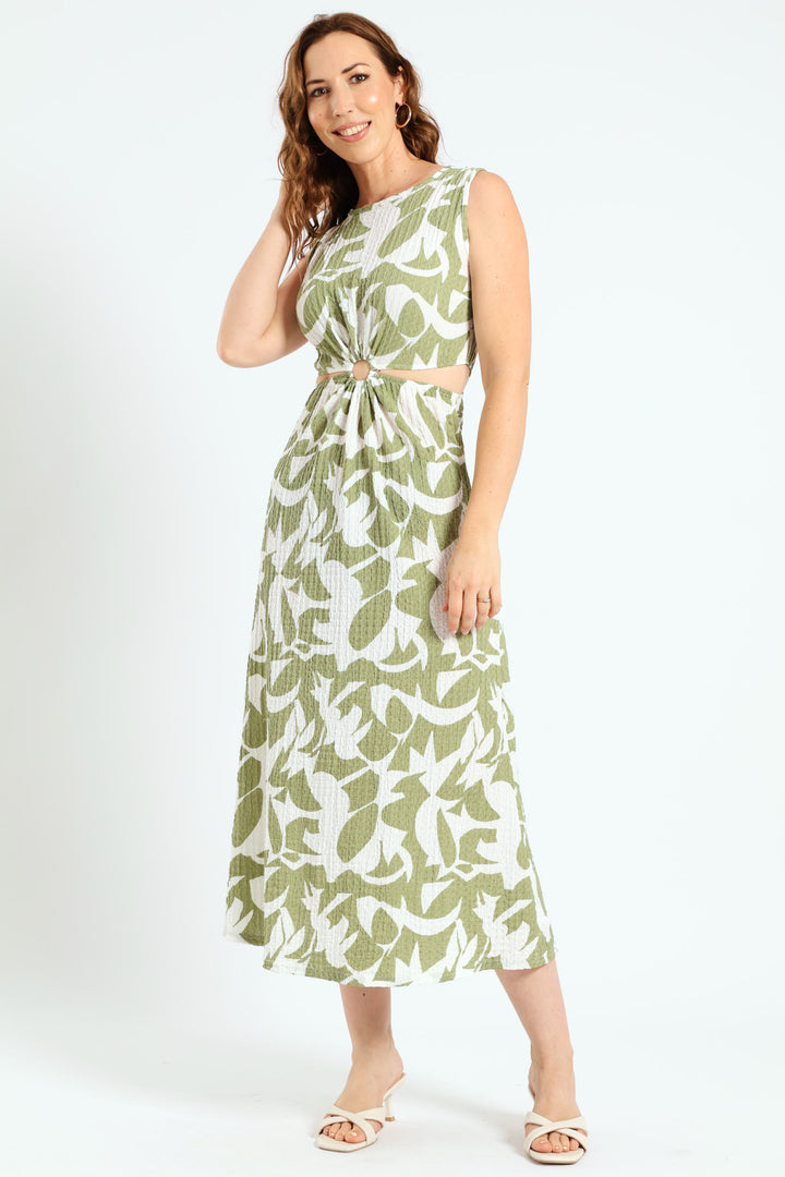 Sleeveless O-Ring Cutout Midaxi Dress - White/Green