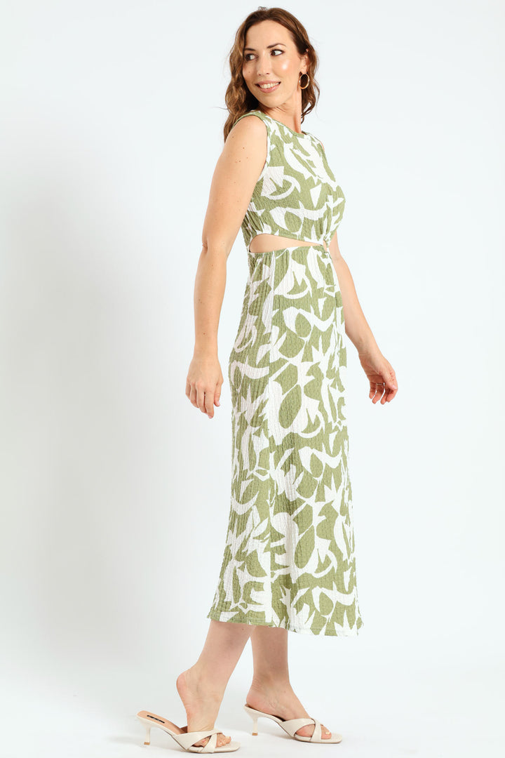 Sleeveless O-Ring Cutout Midaxi Dress - White/Green