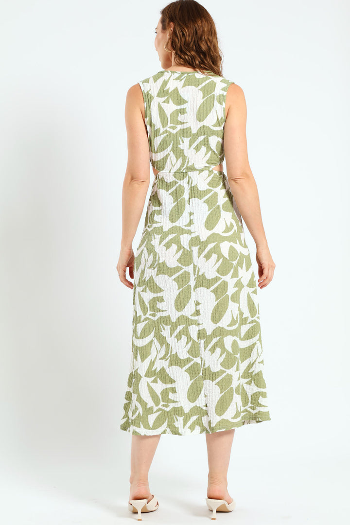 Sleeveless O-Ring Cutout Midaxi Dress - White/Green