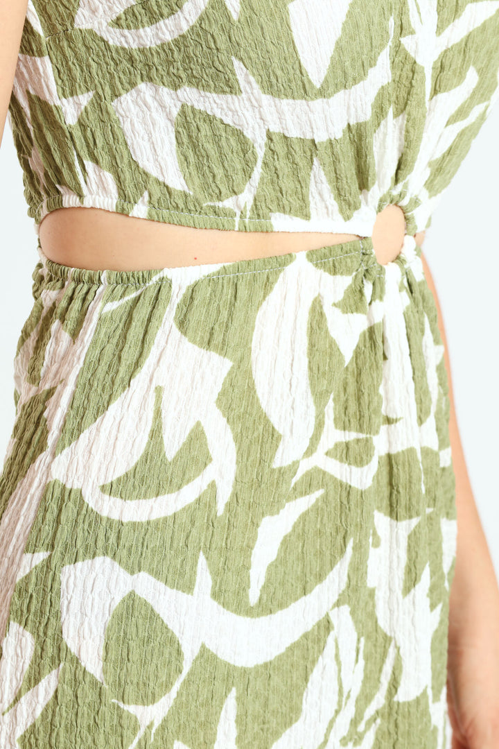 Sleeveless O-Ring Cutout Midaxi Dress - White/Green