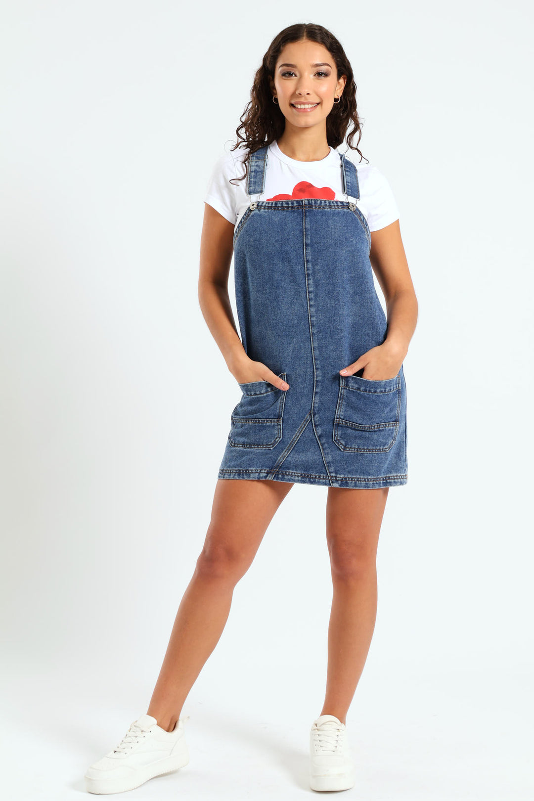 Denim Panel Pinafore Dress - Dark Blue