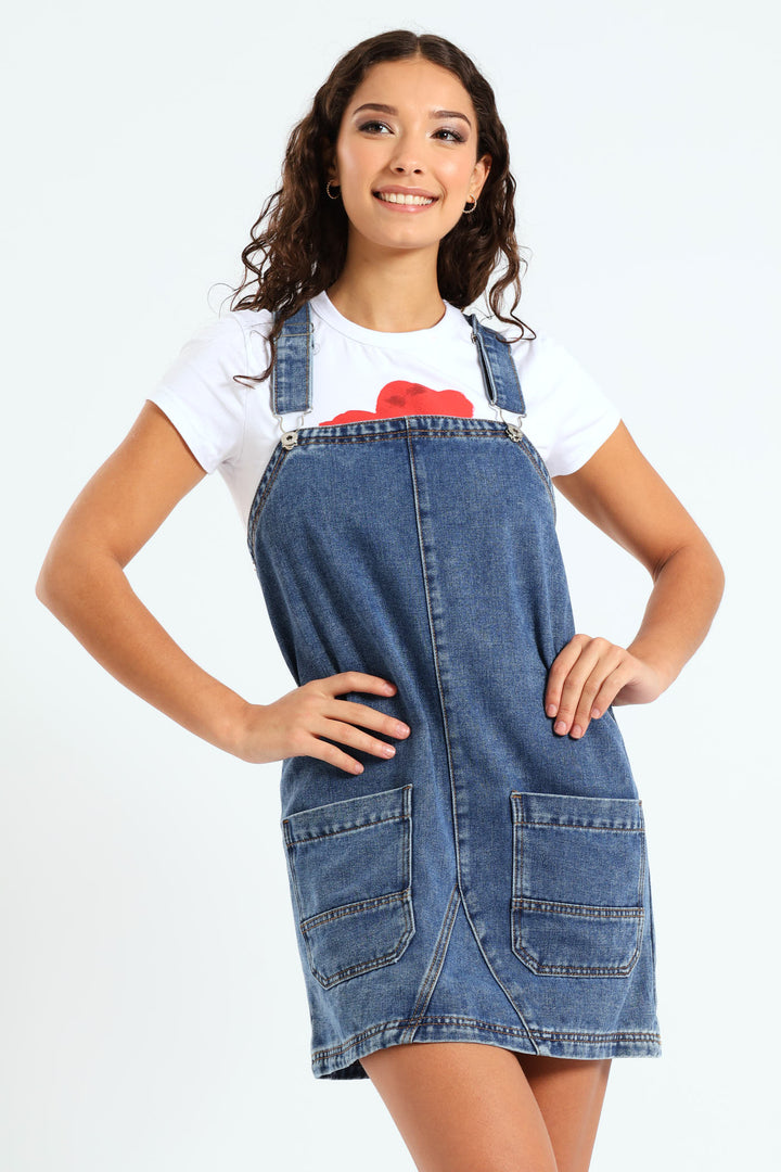 Denim Panel Pinafore Dress - Dark Blue