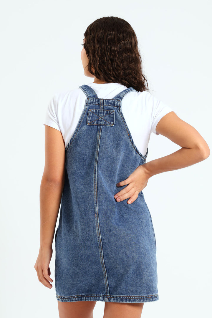 Denim Panel Pinafore Dress - Dark Blue