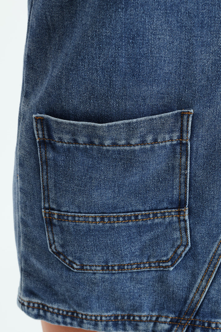 Denim Panel Pinafore Dress - Dark Blue