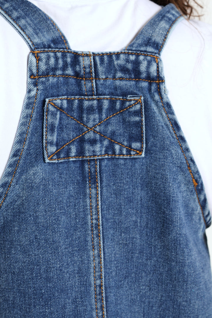 Denim Panel Pinafore Dress - Dark Blue