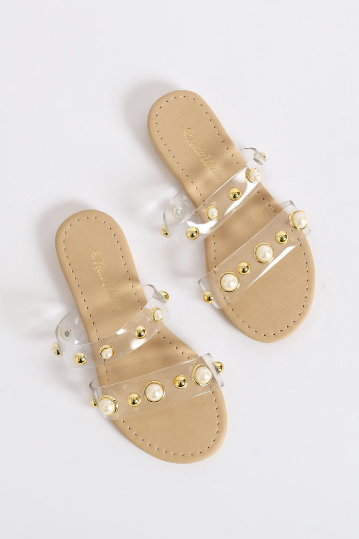 Girls Vinyl Pearl Double Band Sandal - Clear