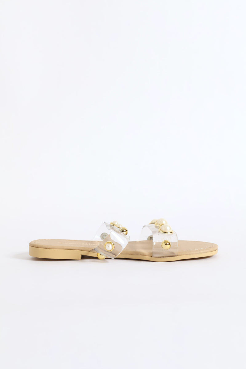 Girls Vinyl Pearl Double Band Sandal - Clear