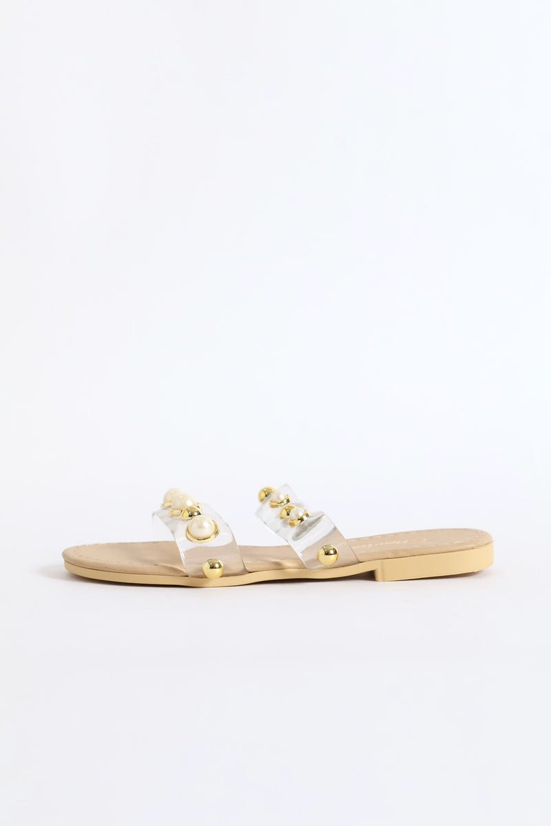 Girls Vinyl Pearl Double Band Sandal - Clear