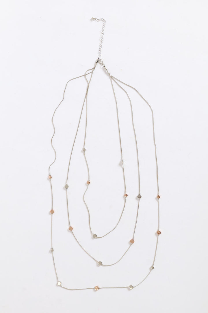 Multi Strand Long Beaded Necklace - Silver