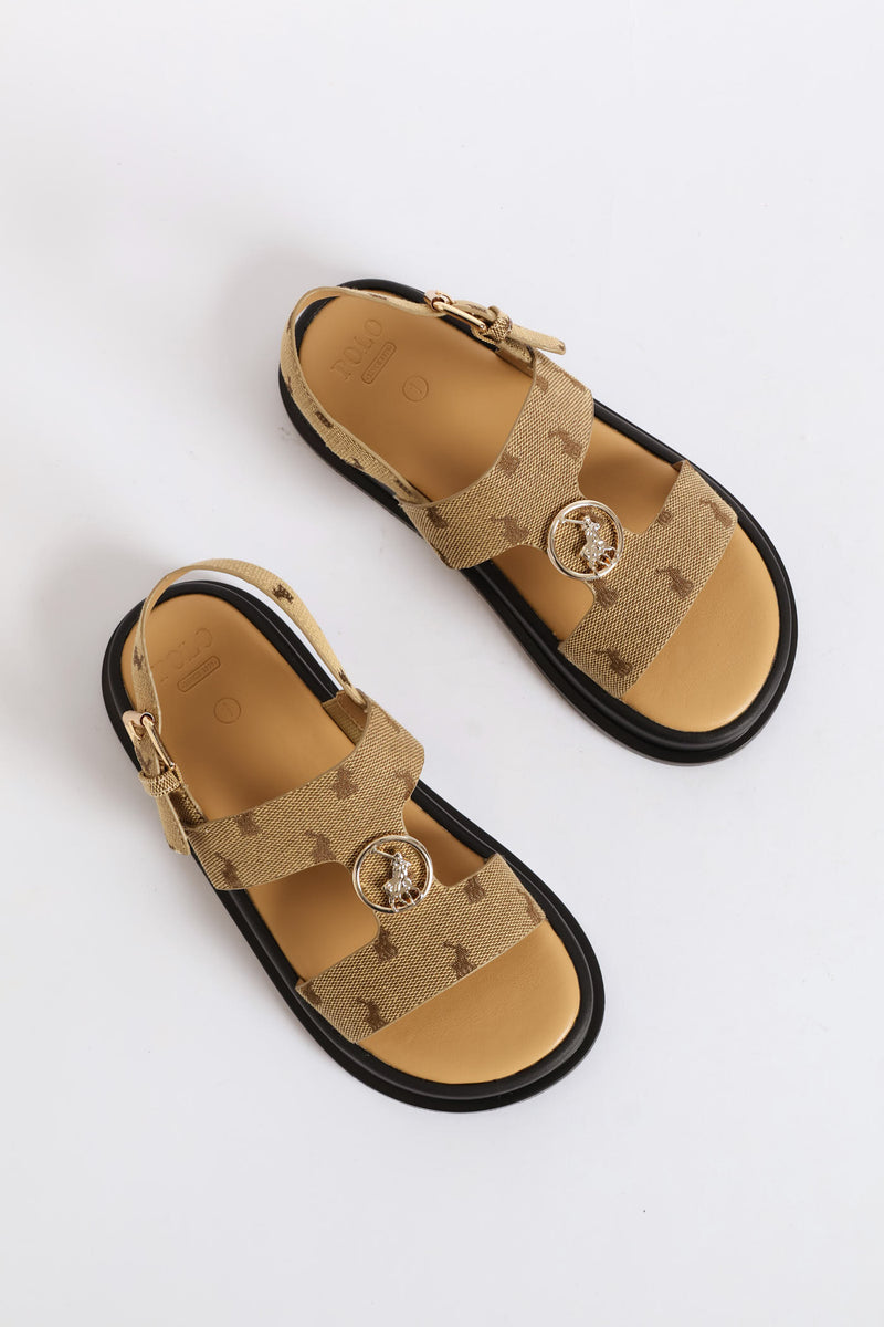 Girls Monogram Trim Sandal - Stone