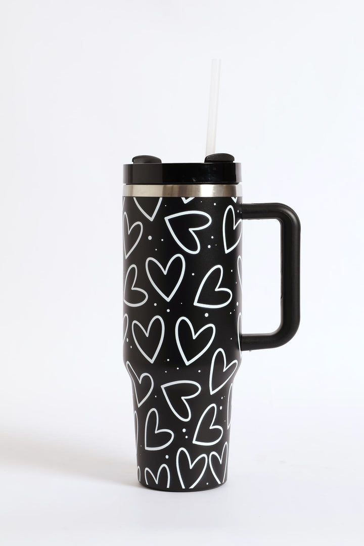1200ml Heart Print Cup - Black