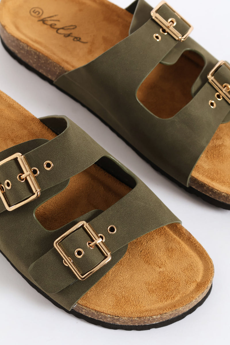 Eyelet Detail Double Buckle Slide Sandal - Fatigue