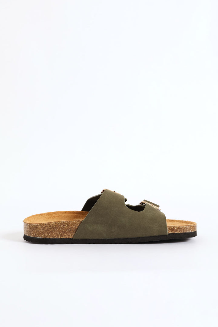 Eyelet Detail Double Buckle Slide Sandal - Fatigue