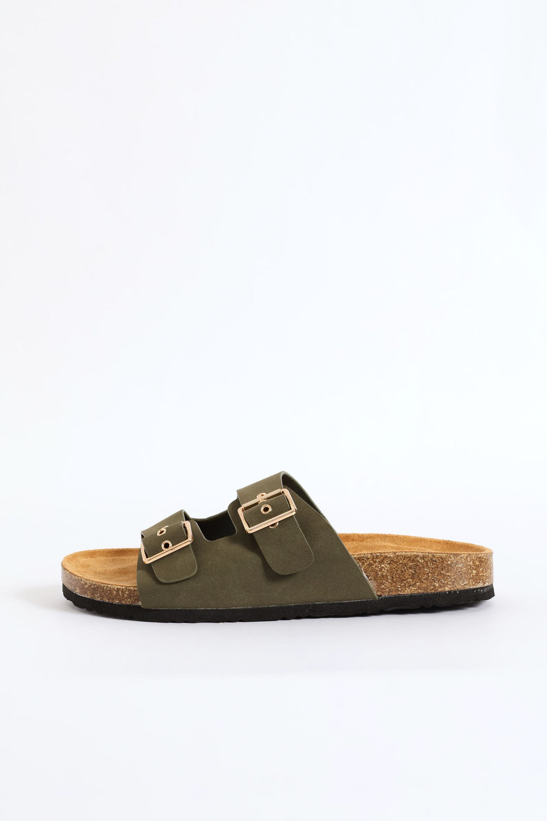 Eyelet Detail Double Buckle Slide Sandal - Fatigue