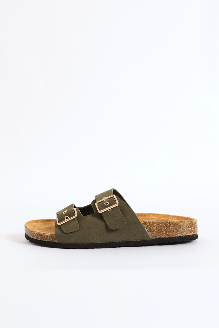 Eyelet Detail Double Buckle Slide Sandal - Fatigue