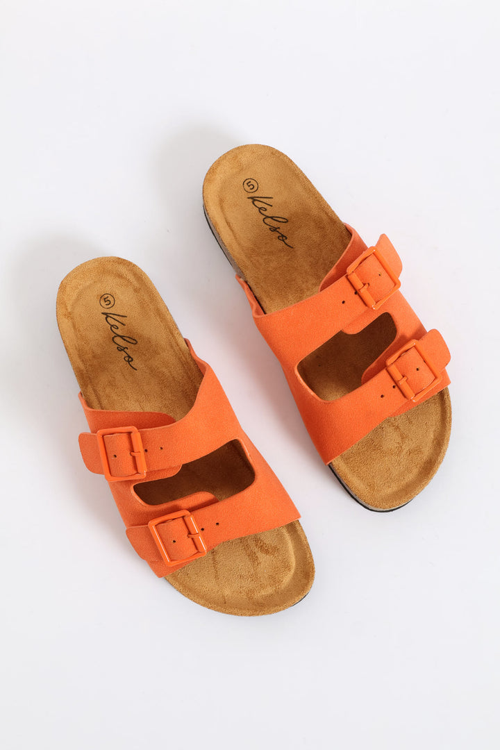 Monotone Buckles Double Band Slide Sandal - Orange