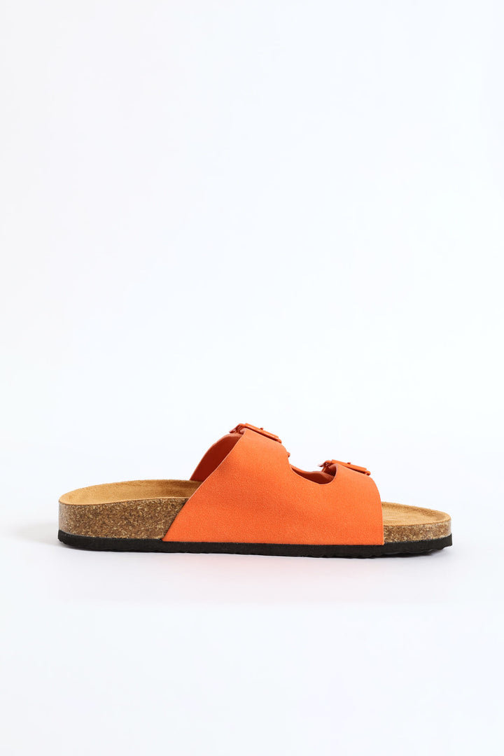 Monotone Buckles Double Band Slide Sandal - Orange