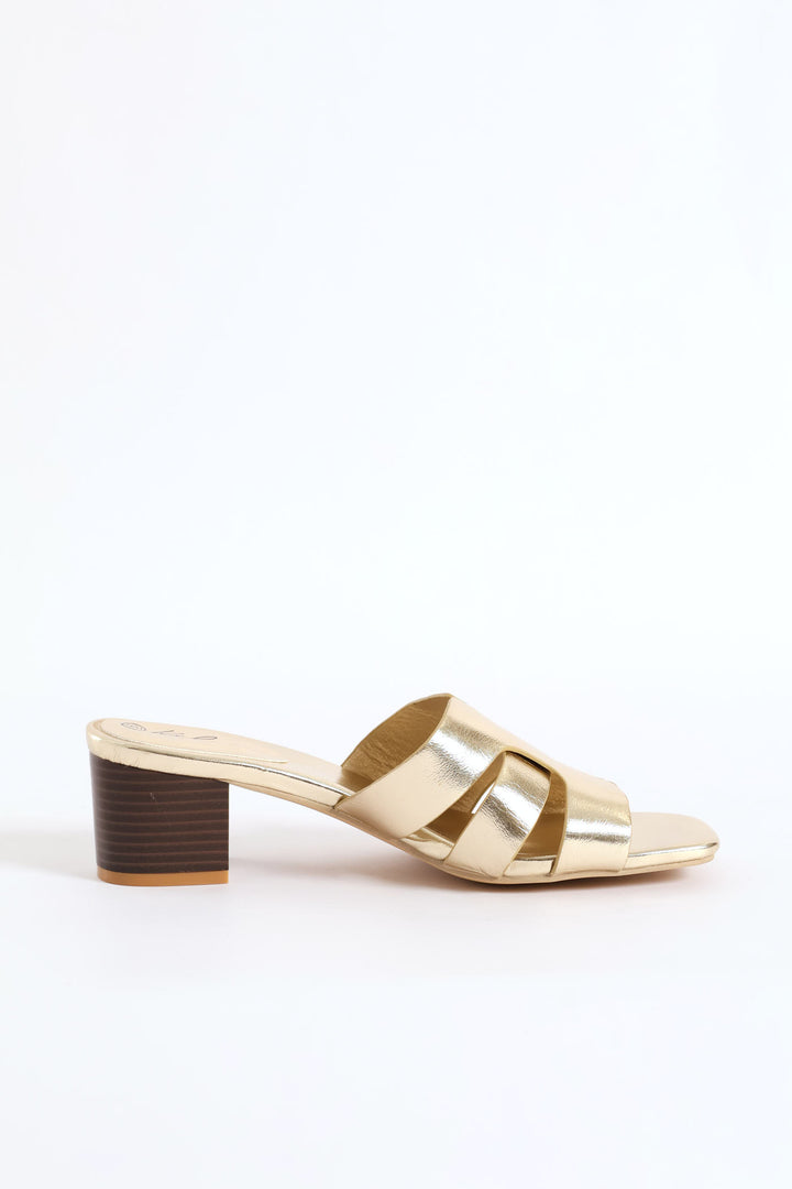 Wide Strap Block Mule Heel - Gold