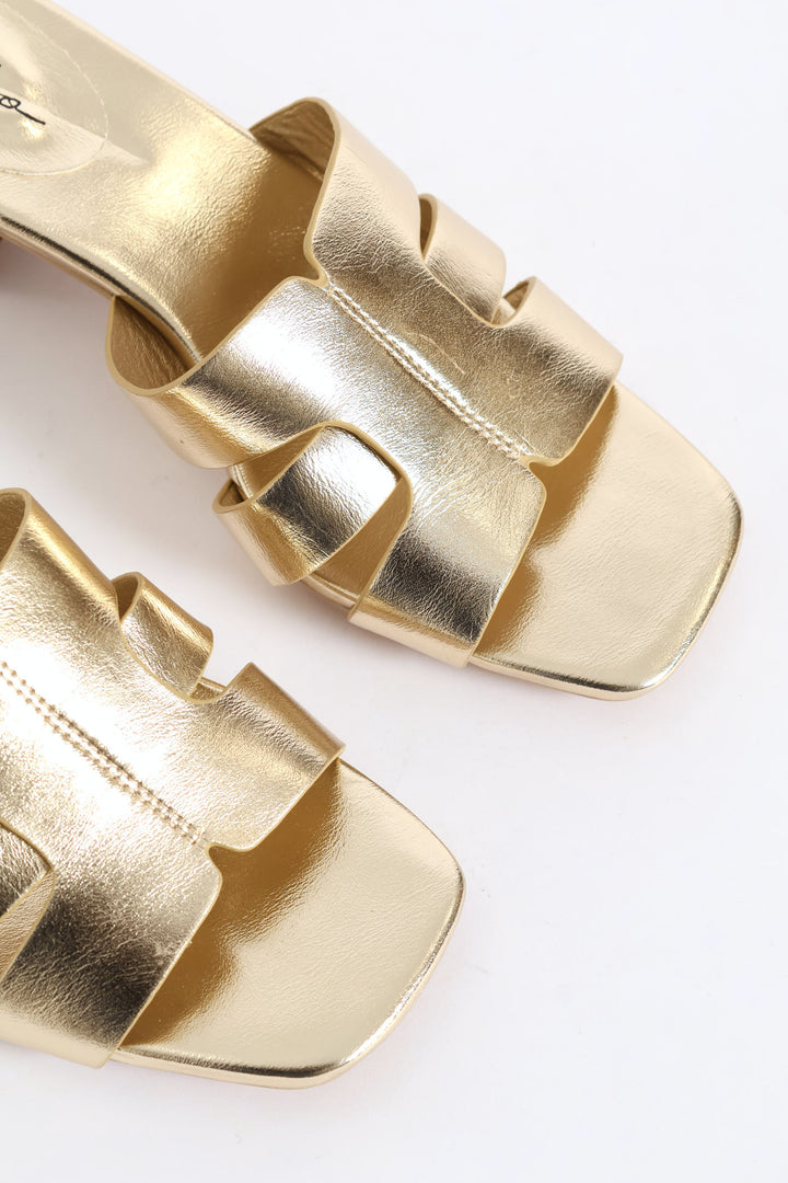Wide Strap Block Mule Heel - Gold