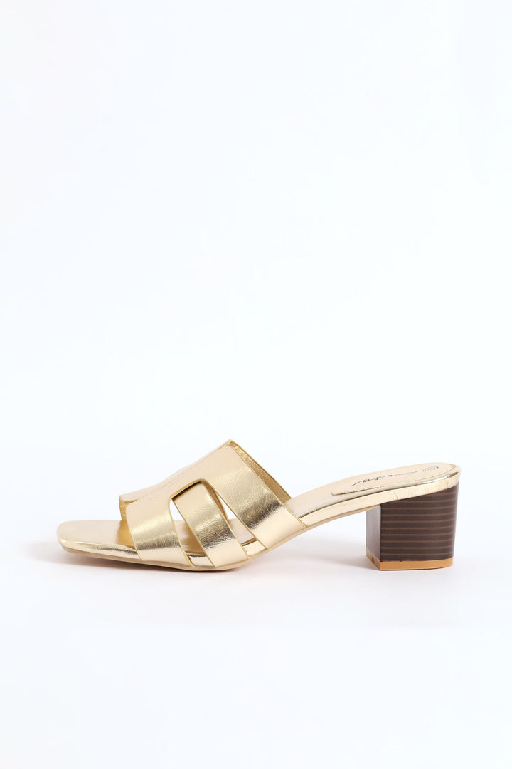 Wide Strap Block Mule Heel - Gold
