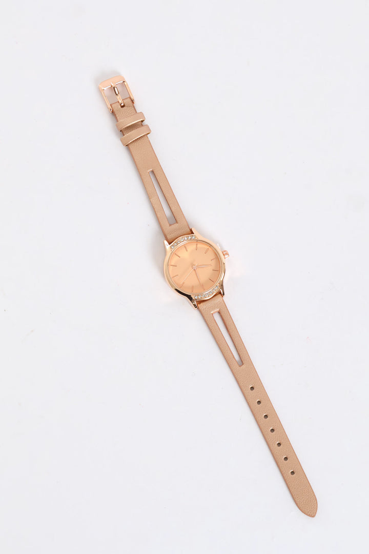 Diamante Watch With Cutout Strap - Rose Gold