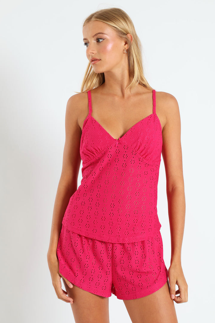 Anglaise Knit Cami & Short Set - Cerise