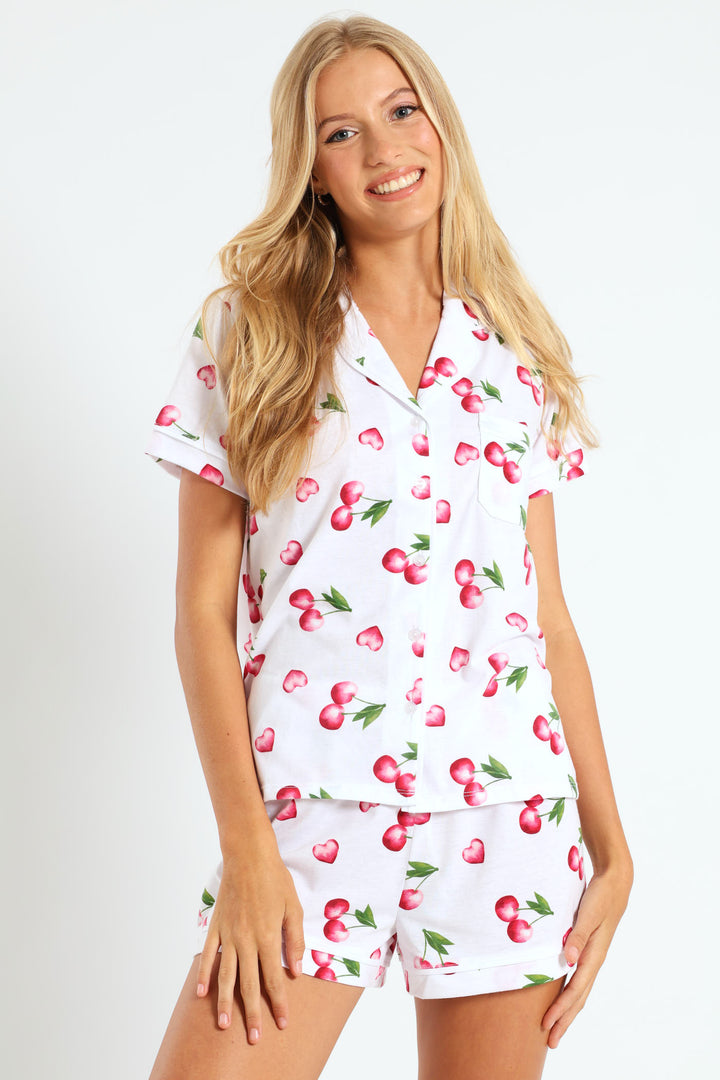 Cherry Hearts Button Through & Knit Short Set - White