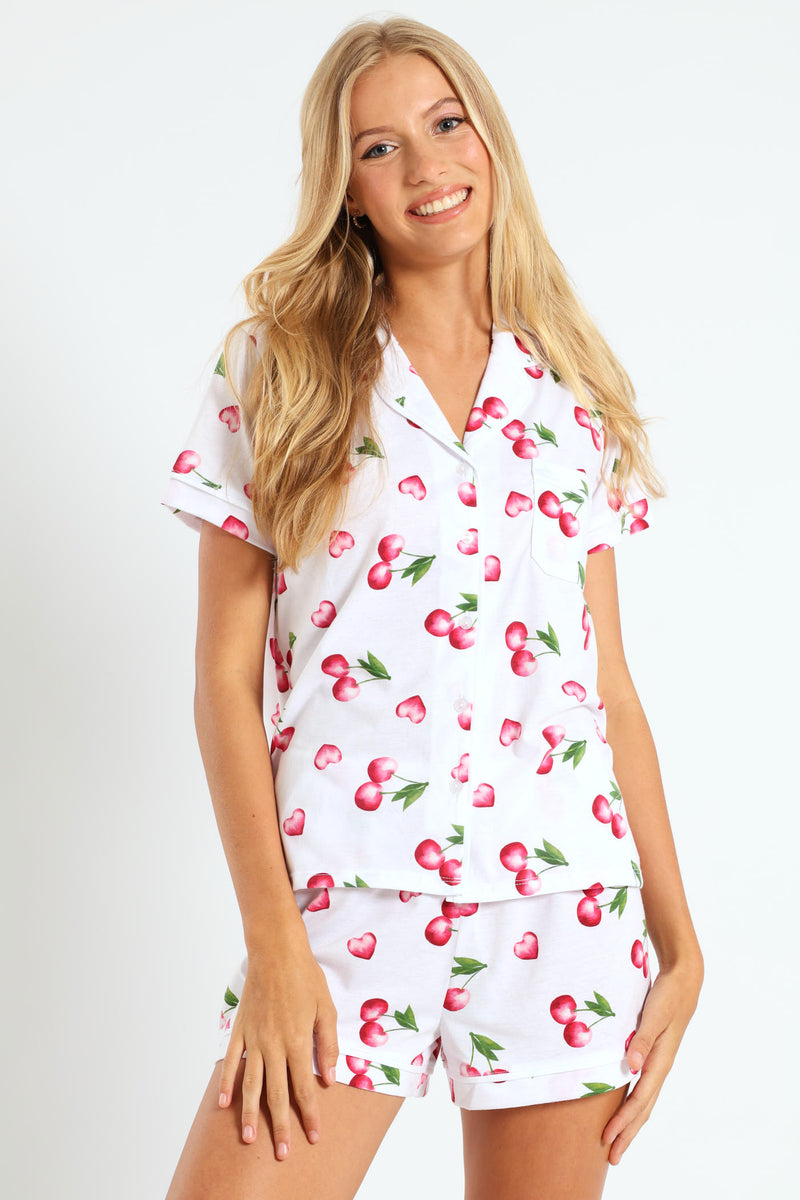 Cherry Hearts Button Through & Knit Short Set - White