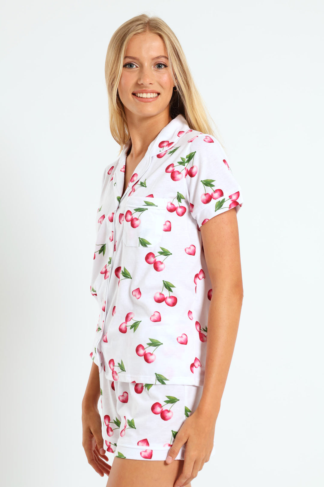 Cherry Hearts Button Through & Knit Short Set - White