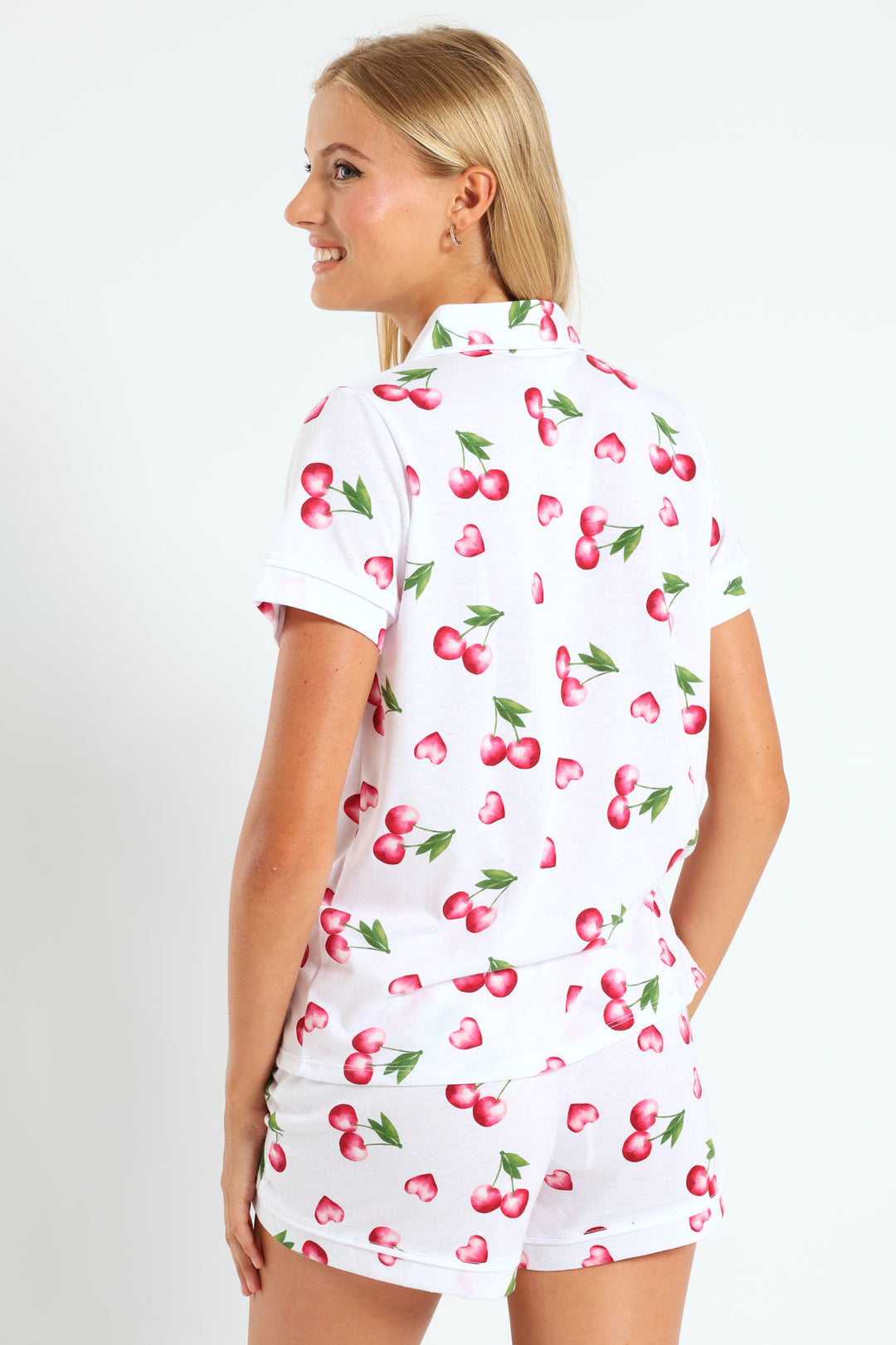Cherry Hearts Button Through & Knit Short Set - White