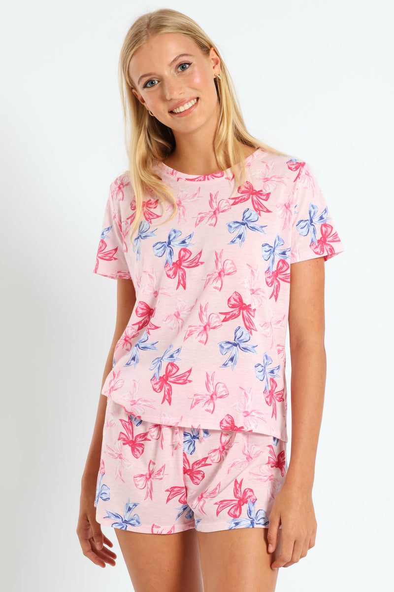 Bows Tee & Knit Short Set - Pink
