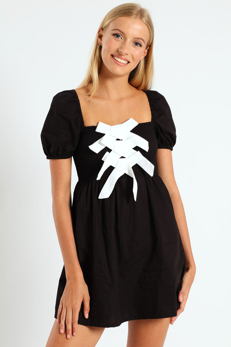 Contrast Bow Mini Dress - Black/White