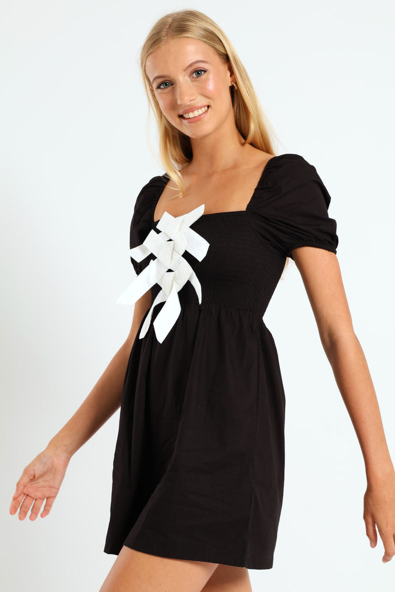 Contrast Bow Mini Dress - Black/White