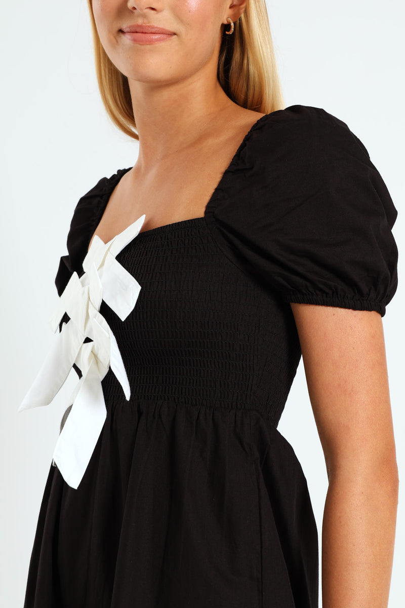 Contrast Bow Mini Dress - Black/White