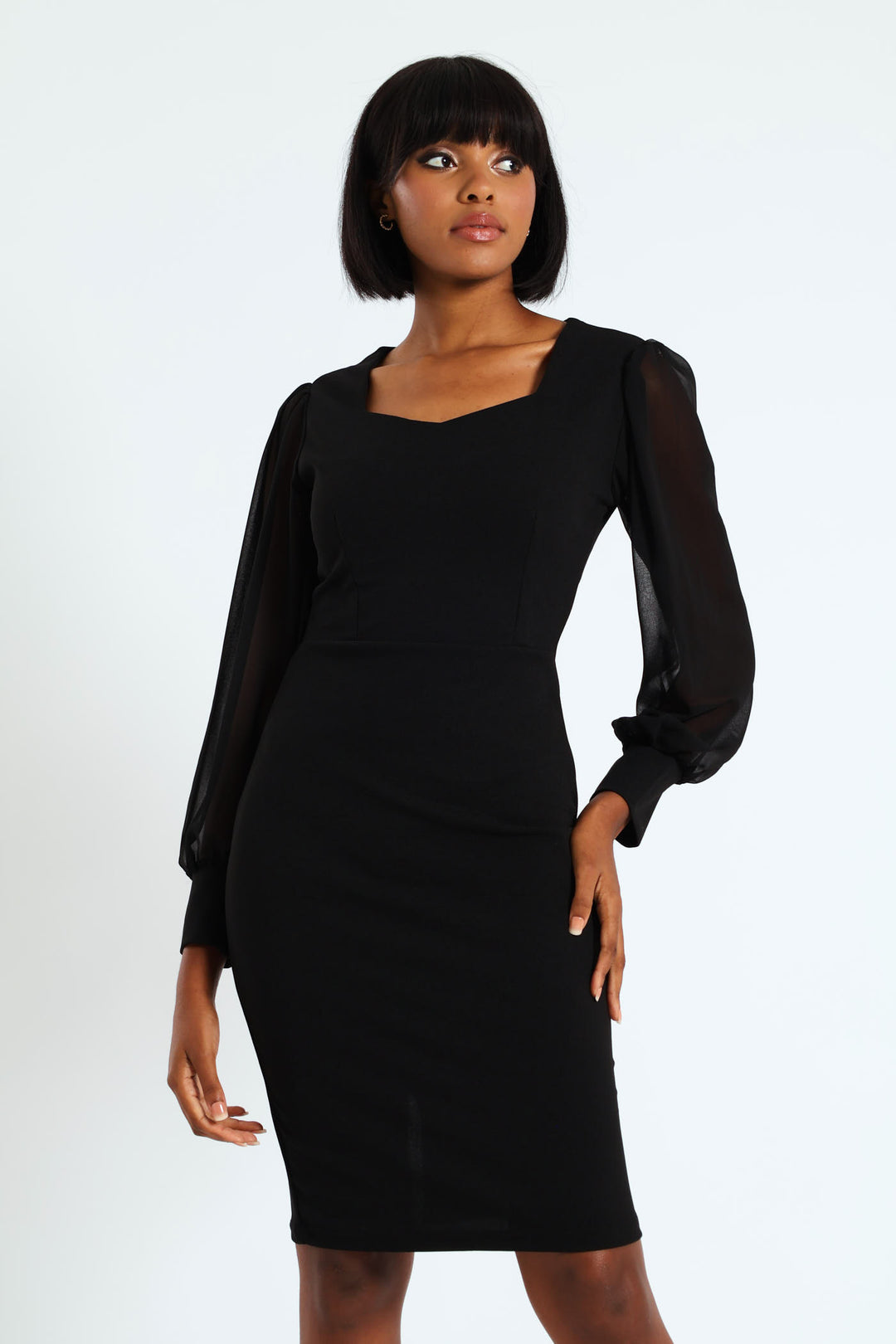 Sweetheart Neck Knitwear Combo Dress - Black