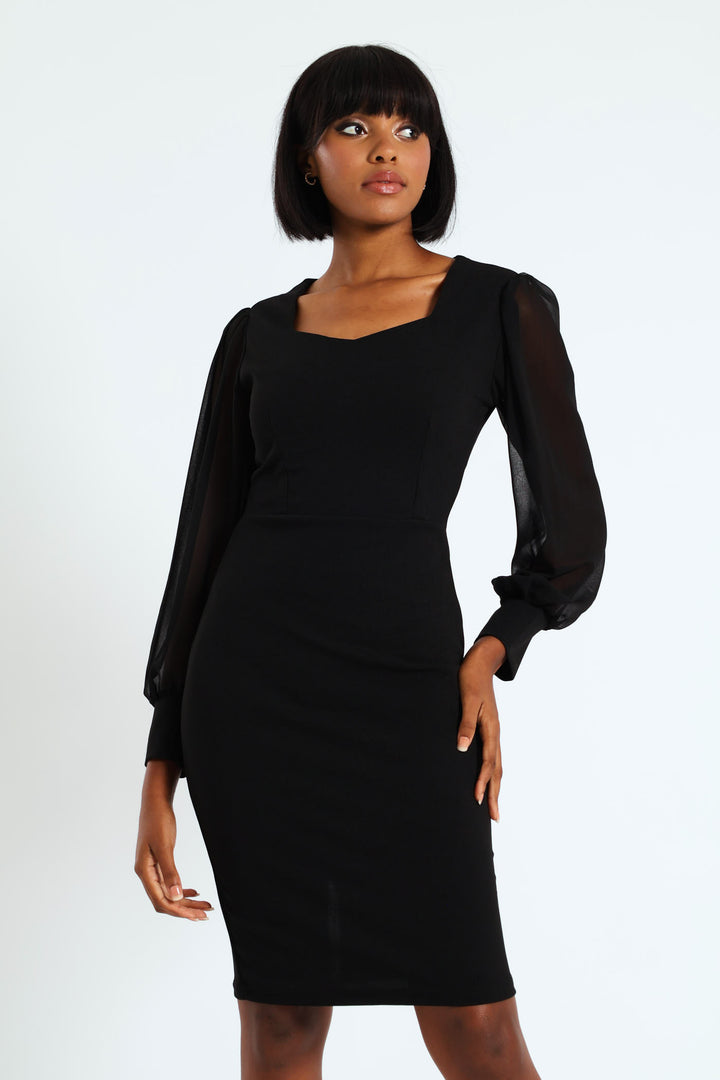 Sweetheart Neck Knitwear Combo Dress - Black