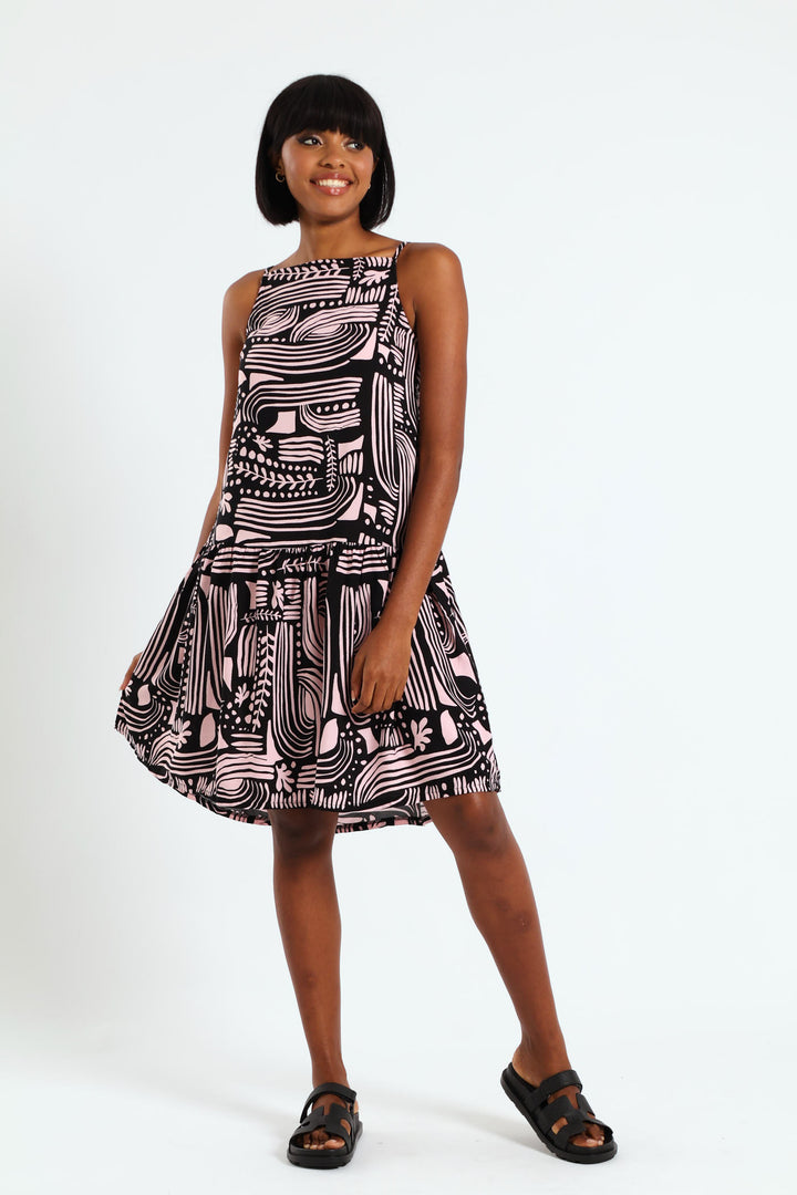 Hi-Neck Drop Waist Mini Dress