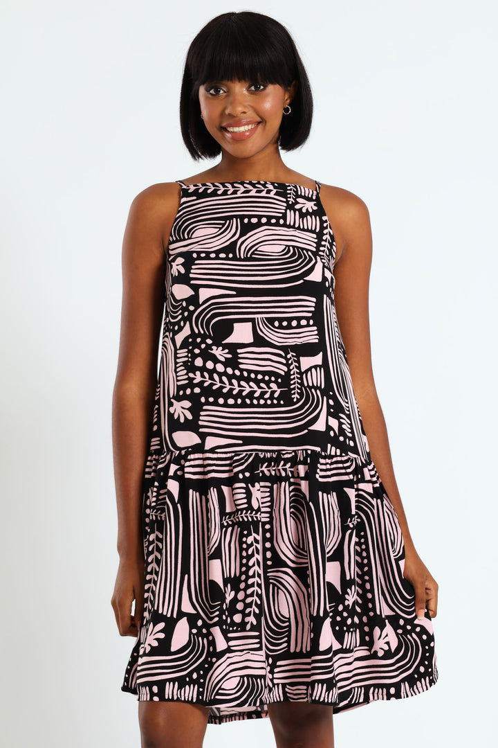 Hi-Neck Drop Waist Mini Dress