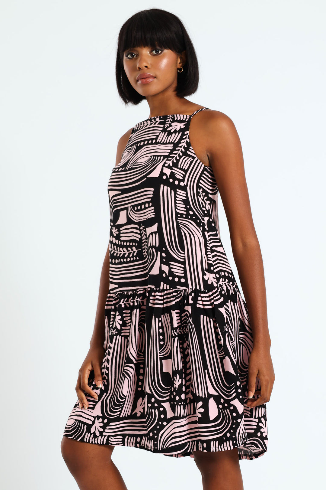 Hi-Neck Drop Waist Mini Dress