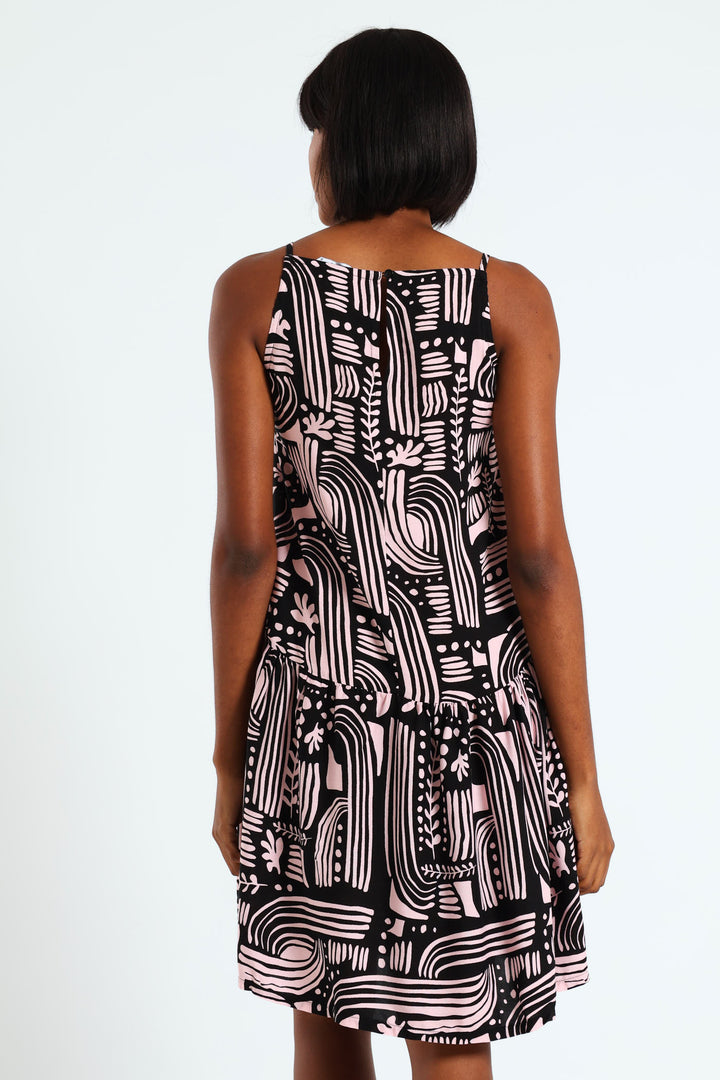 Hi-Neck Drop Waist Mini Dress