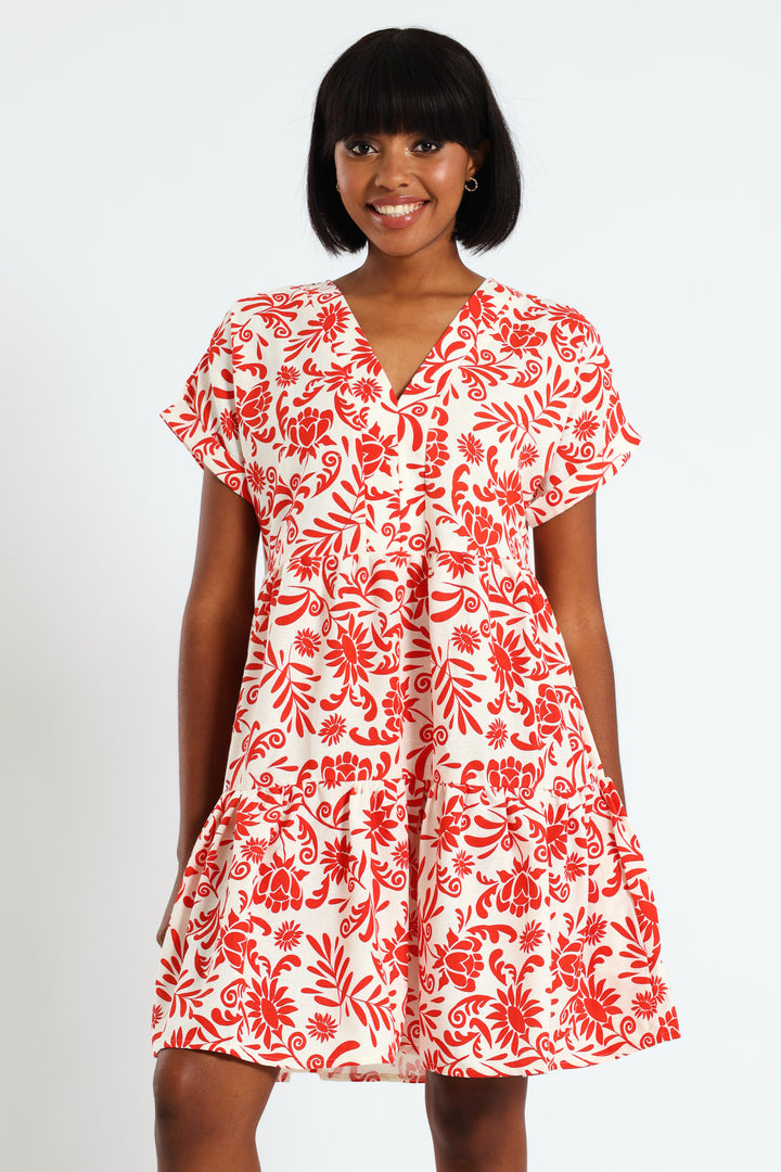 V-Neck Tiered Dress - White/Orange